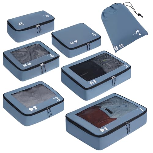 ECOHUB Organizador Maleta de 7 Piezas Packing Cubes de Resistente al Desgarro Organizador Mochila Ecológico Organizador de Viaje Organizador de Equipaje Cubos de Embalaje para Ropa, Zapatos (Azul)