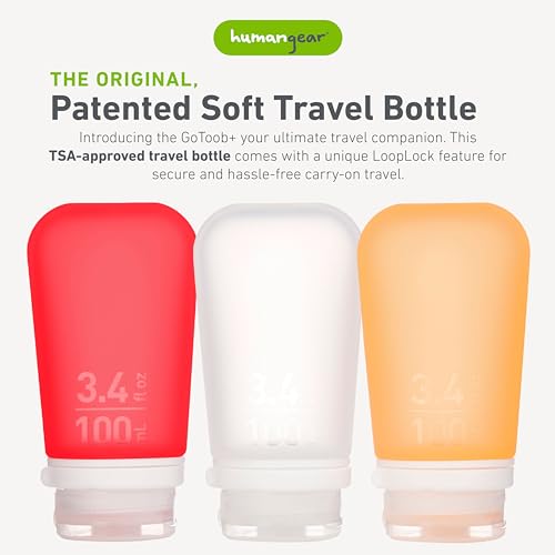 humangear GoToob+ 3-Pack (Large) | Refillable Silicone Travel Bottle | Locking Lid | Food-Safe Material, Clear/Red/Orange, Large (3.4 fl.oz.; 100ml)