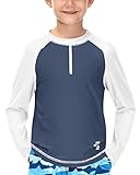 BesserBay UV Shirt Kinder Jungen Rash Guard Lange Ärmel UPF 50+ UV-Schutz Schwimmshirt Badeanzug Weiß & blau 150