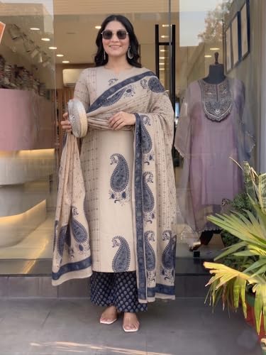 Image of Nermosa Women's Pure Viscose Block Printed Ethnic Wear Straight Kurta Set with Palazzo Pants & Dupatta | Kurta Set for Women | 3 Piece Set