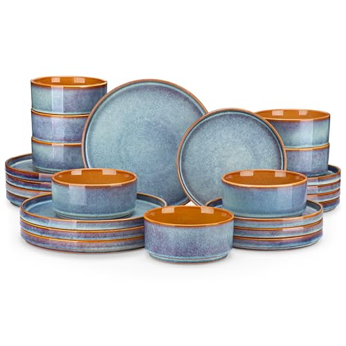 Image of vancasso ONION Ceramic Plates and Bowls Sets, 24 Pieces Blue Dinnerware Sets for Kitchen, Reactive Glaze Dishes Set for 8, Dishwasher and Microwave Safe