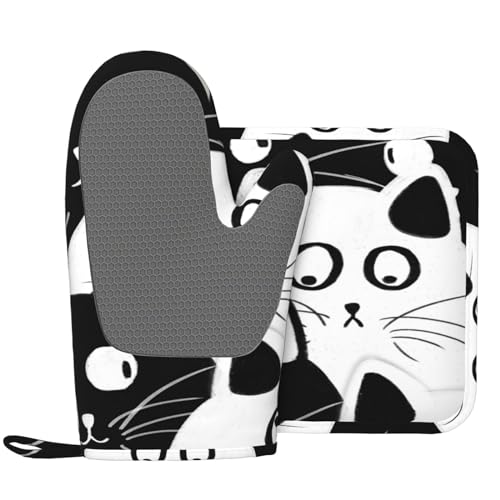 Indokyeyqaz Set di guanti da forno e presine divertenti a forma di gatto, guanti da barbecue in silicone resistenti al calore, per cucina, cottura al forno, grigliare e microonde