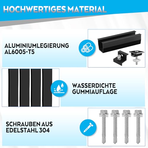 BOSYTRO PV Halterung Montageset, Solarmodul Halterung für 2X Module, 12CM Schwarze Schiene+Solarpanel Wasserablauf Clips 30MM+Verstellbare Klemme für 30-35MM Dicke Module für Flachdach Trapezblech