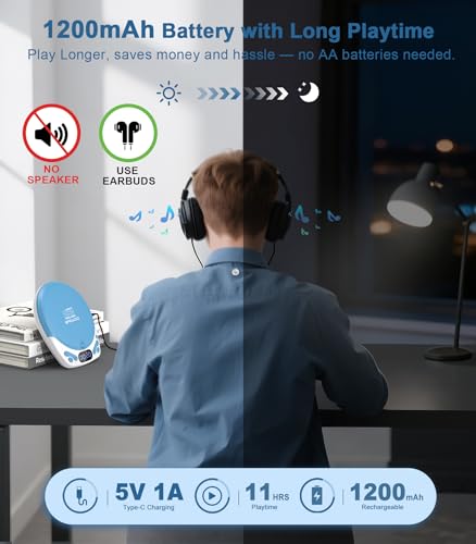 Image of Greadio Portable CD Player with Headphones, Rechargeable CD Player for Home | Small CD Players with 60s Anti-Skip, Supports CD /MP3 /WMA /TF Card /AUX, Lock / Programmable / Timer (White Blue