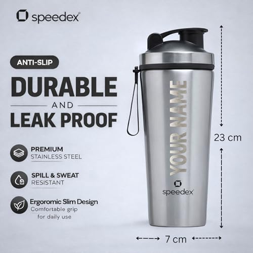 Image of Speedex YouFit Customized Stainless Steel Gym Shaker Bottle 750ml with Mixing Ball, Leakproof Flip Cap, Wide Mouth, Measurement Markings, Personalized Name /Logo Metal Protein Shaker - Silver