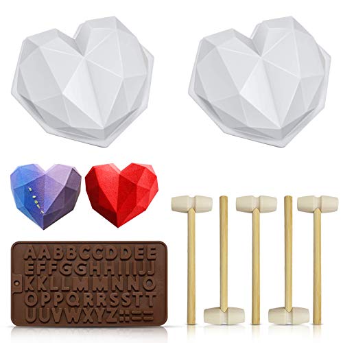 Chocolate Heart Mold Silicone Molds for Baking Diamond Heart Shaped Cake Mold Trays with 5 Pieces Wooden Hammers Non-Sticky Dessert Cookie Mould Suitable for Home Kitchen DIY Tools