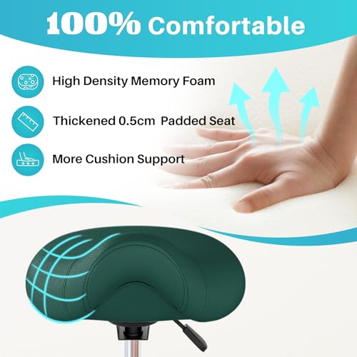Image of YEEZEE Saddle Stool Ergonomic- Comfortable Rolling Saddle Stool with Wide Thick Saddle Seat Padding, Swivel Adjustable Saddle Chair with Wheels and Ring Pedal for Medical Massage Salon (Green)