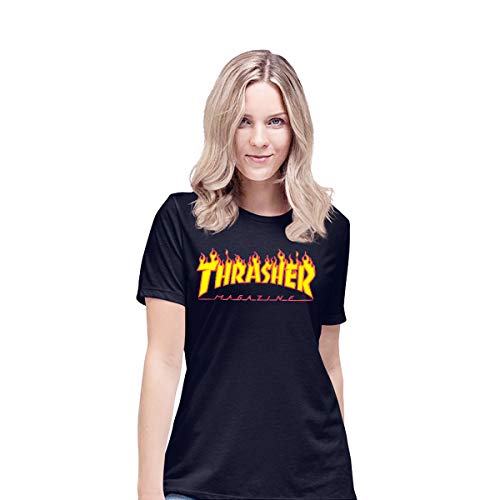 Thrasher Women's Magazine Flame T-Shirt Authentic Flame Logo Short Sleeve Top Tee(Black,Large)