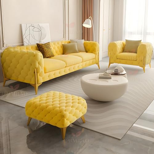 Image of 4 Seater Sofa Set Modern Classic Chesterfield Style Fabric Velvet with Pillows for Living Room, Bedroom and Office and Hallway Colour (3+1+OTTO Yellow FC)
