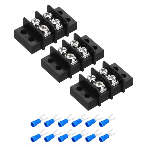 sourcing map 3Pcs Terminal Block 300V 20A Dual Rows 2P Circuit Screw Terminals Barrier Strip PA66 with 12Pcs 16A Heat Shrink Wire Fork Connectors for Wire Connect