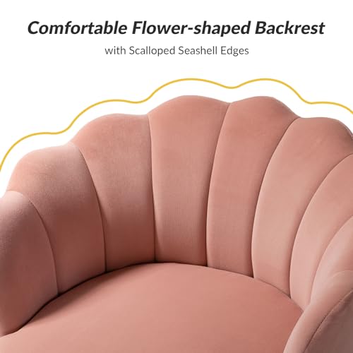 Image of HULALA HOME Modern Velvet Accent Chair with Shell Shaped Back, Cute Living Room Bedroom Armchair Sofa Chair with Gold Legs, Comfy Upholstered Vanity Chair for Makeup Room, Pink