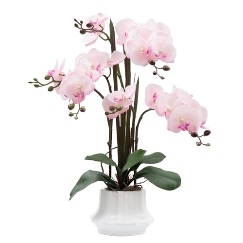 CXGS Artificial Orchid Flower Plant 20.9'' Real Touch Faux Orchids in Ceramic Vase Pink Fake Phalaenopsis Flower Arrangement Silk Orchids with Stems for Centerpiece Table Home Indoor Decor