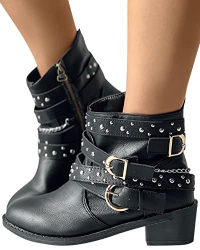 Minetom Damen Stiefeletten Biker Boots Stiefel Blockabsatz Herbst Winter...