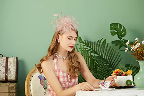 Cizoe Fascinators Hat for Women Tea Party Hat Kentucky Derby Wedding Flower Cocktail Mesh Feathers Headpiece(1-a-Blush Pink) - Thumbnail 4
