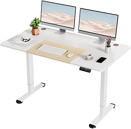 WOKA 55 x 28 Inch Electric Standing Desk, Height Adjustable Stand Up Desk, Sit Stand Desk with Memory Controllers, Adjustable Desk for Home Office with White and Oak Top and White Frame