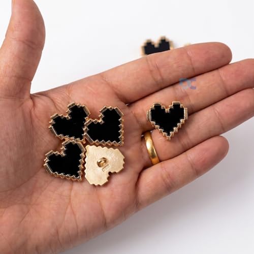 Image of Pack of 6 Heart Shaped Stylish Buttons Diameter 16 mm,(26 L) Black Color with Golden Edges for Sewing On Shirts Blazers for Women and Art and Craft