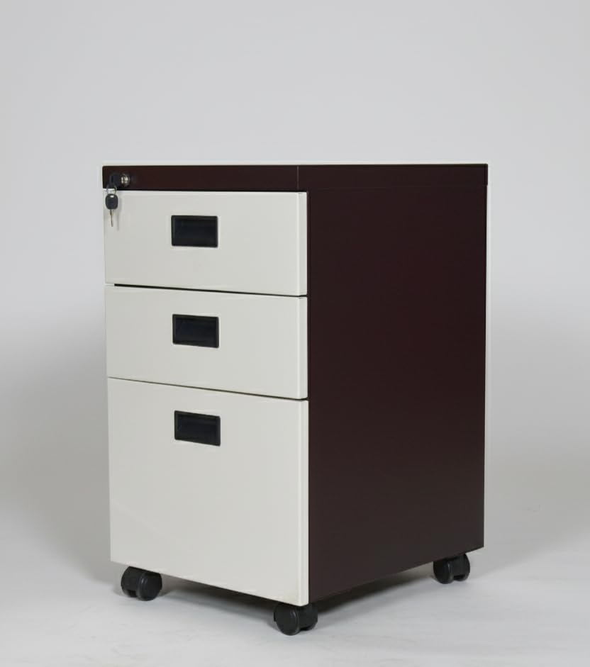 Image of Shubham Furnitures 3 Drawer Steel Pedestal Cabinet | Lockable Powder Coated Filing Cabinet for Files, Documents & Stationery | Office Storage Unit (Brown, Pedestal with Wheels)