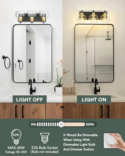 Image of 3-Light Bathroom Vanity Light, Black and Gold, VL195-KG-3 | 18 Inch, Metal Frame, Modern Wall Sconces with Globe Clear Glass Shade, Bathroom Light Fixtures Over Mirror, E26 Base
