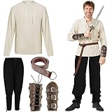 KDXBQ 4-teiliges Halloween Herren-Renaissance-Kostümset Mittelalter Piratenhemd Knöchellange Hosen Wikinger-Gürtel Accessoires (Beige-Schwarz, XL)