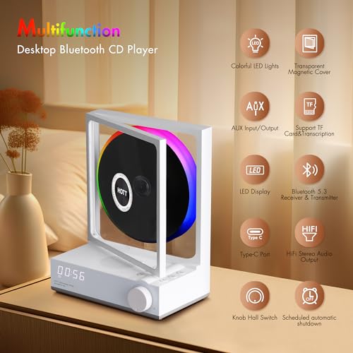 HOTT CD Player Portable Bluetooth 5.3 Desktop CD Player with Colorful Lights Portable CD Player with Speakers,Support TF Card,Transcription, Timer, LED Screen CD Players for Home
