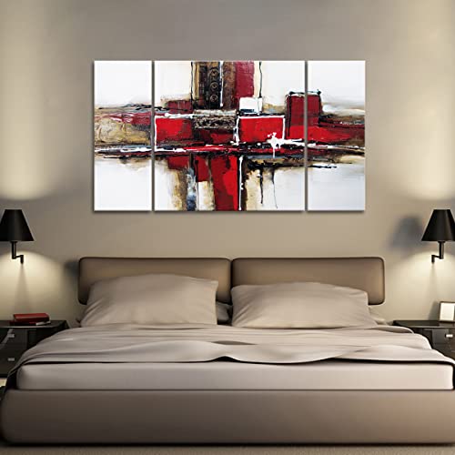 Noah Art-Red Abstract Wall Art For Living Room Wall Decor, 100% Handmade Burgundy Abstract Paintings On Canvas, 3 Piece Set Stretched And Framed Acrylic Abstract Artwork Modern Pictures For Rooms, 24" High X 48" Wide #TOP2