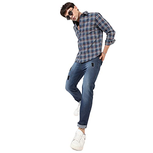 Image of Campus Sutra Men's Blue Checkered Button Up Spread Collar Shirt for Casual Wear | Regular Fit | Cotton Shirt Crafted with Long Sleeve, Comfort Fit & High-Performance for Everyday Wear