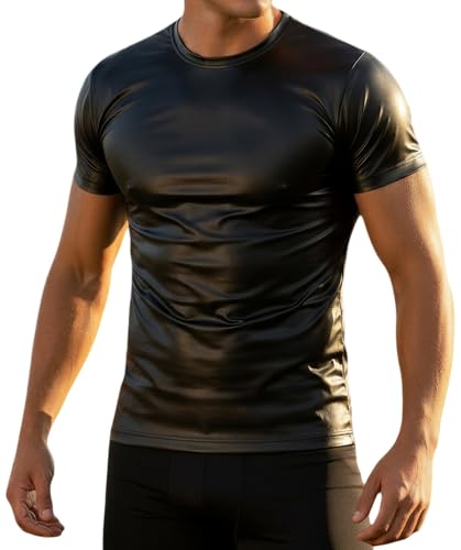 T-Shirt en Cuir synthétique pour Homme, Aspect Latex, Manches 1/2, Noir, L