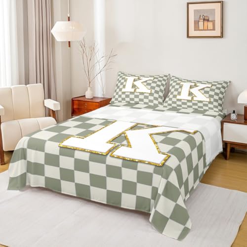 Image of Erosebridal Sage Green Checkered Bed Sheets Queen Plaid Initial K Sheet Set Personalized Monogram Bedding Set for Kids Boys Girls,Fashion Grids Gingham Fitted Flat Sheets 4 Piece