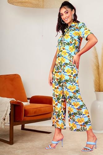 Image of POPWINGS Casual Floral Printed Monochrome Crop Shirt and Trouser Co-Ords Set for Women | Top and Bottom Set for Women |Printed Shirt and Trousers Set | Women Collar Shirt and Trousers Set Summer Wear