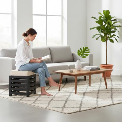 Image of Wooden Ottoman Stool with Cushioned Seat | Modern Square Footrest Pouffe for Living Room Bedroom | Solid Wood Accent Stool for Home Decor Seating (Black, 12 By 12 Inches)