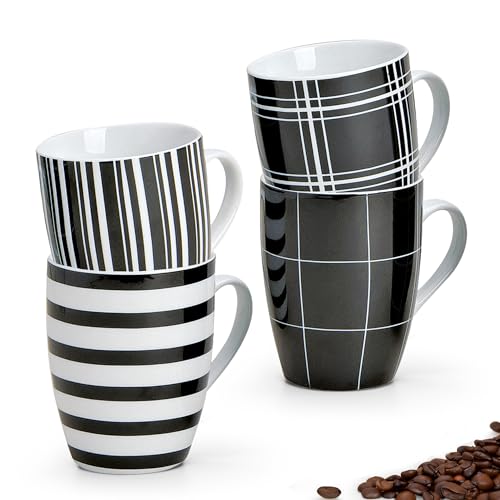 Tassen 4er Set in schwarz weiß kariert - Schöne Keramik Kaffeetassen in 300ml für Cappuccino Kaffee Tee - Außergewöhnliche Kaffeebecher spülmaschinenfest und mikrowellengeeignet als Geschenk