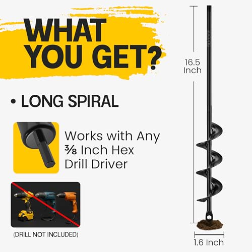 Image of Garden Auger Drill Bit for Planting 1.6 inch x 16.5 inch -3 /8 inch Hex Drive Compatible