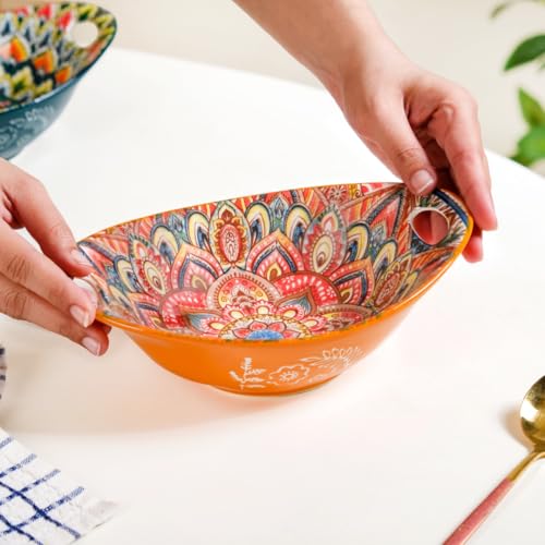 Image of Nestasia Mandala Ceramic Serving Bowl with Handles (400 ml) - Microwave & Dishwasher Safe Pasta Bowl | Floral Bowl with Glossy Finish - Ideal for Soup, Curries, Snacks, Salad & Noodles (Orange)