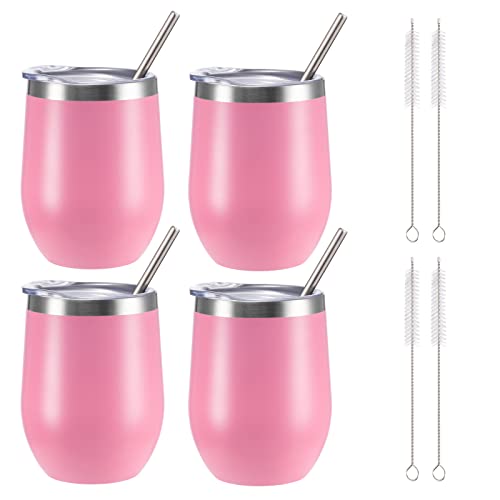 Image of 12 oz Insulated Wine Tumbler with Lid and Straw,Stainless Steel Stemless Wine Tumbler Glasses Double Wall Vacuum Wine Cups Tumbler Bulk for Coffee,Champaign,Beer,Cocktail,Office (Pink,4)
