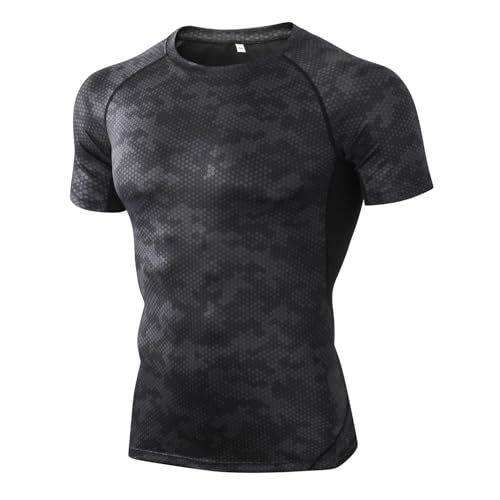 Audoc Compression Shirt Men Short Sleeve Athletic Base Layer Workout Tops 4-Way Stretch Moisture-Wicking T Shirts 1 Pack Printed