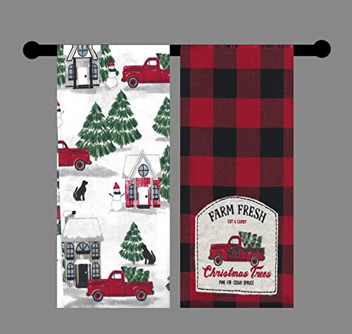 St. Nicholas Square Kitchen Hand Towels, Set Of 2, Farm Fresh Christmas Trees Appliqued Embroidery Red Truck, Red And Black Buffalo Plaid Flat Cotton Dishtowels For Home Decorating #TOP4