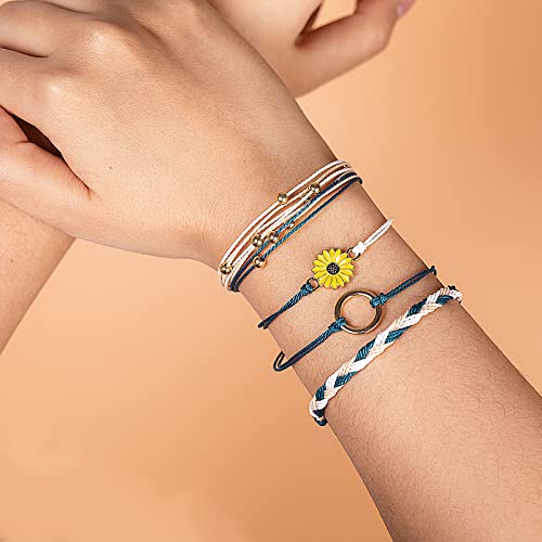 Image of Stackable Sunflower String Bracelets Cute Boho Braided Summer Beach Jewelry