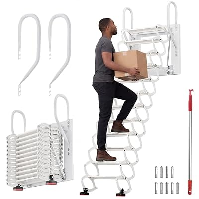 HESMAX Pull Down Wall Mounted Attic Ladder,12 Steps Space Saving Folding Loft Stairs,Fits 112-124 in Ceiling Height, Attic Stairs for Small Home Renovation & Attic Storage Daily Access