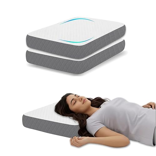 Image of Cervical Support Pillow Set of 2, High Density Memory Foam for Neck Pain, Luxury Breathable Fabric, Orthopedic Bedding for Aligned Spine, White and Grey, 50x30x6 cm