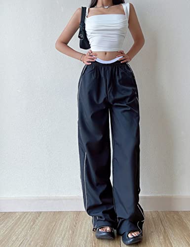 Women's Parachute Pants Baggy Track Y2K Black Elastic Waist Wide Leg Trousers2
