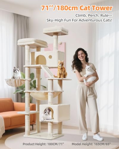 Image of Taoqimiao Cat Tree 71-Inch, Cat Tower for Indoor Cats Large Adult, Multi-Level Large Cat Condo, 8 Sisal Scratching Posts, Metal Frame Cozy Hammock, Scratch Board, 2 Top Perches, Beige MS026LM