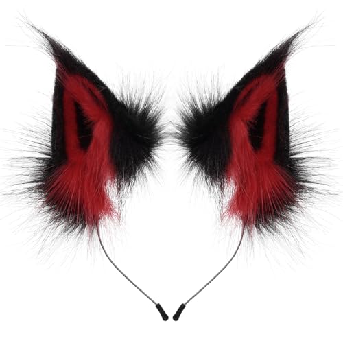CROOOLTRRY Fluffy Fox Anime Ears Cat Hairband Wolf Headband For Cosplay Costume Halloween (Ear32-Blackred)
