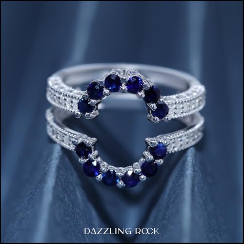 Dazzlingrock Collection Round Blue Sapphire & White Diamond Ladies Enhancer Curved Double Guard Matching Wedding Band | 925 Sterling Silver4