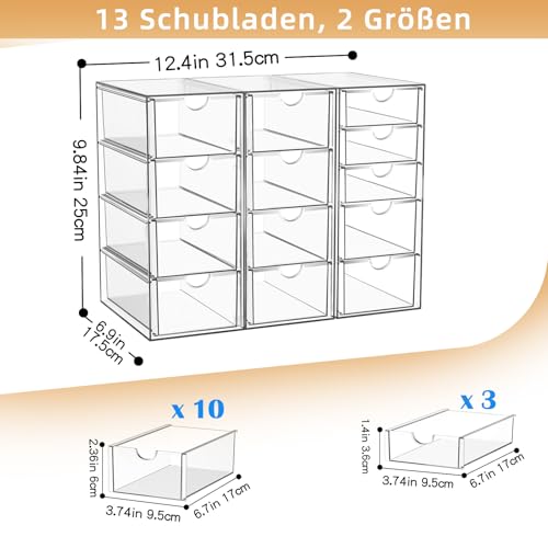 Acryl-Kosmetikorganisator mit 13 Schubladen, Organisator für Badezimmerschränke, Schreibtischorganisator, Bürobedarf, Aufbewahrungsschubladen für Kosmetika, Bleistifte, Kaffeeartikel