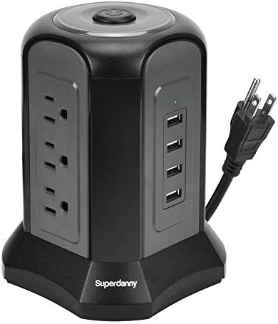 Power Strip Tower Surge Protector, SUPERDANNY Desktop Charging Station, 10 Ft Extension Cord, 9 Outlets, 4 USB Ports, 1080 Joules, 3-Prong, Grounded, Multiple Protections for Home, Office, Black