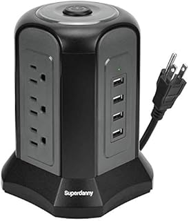 Power Strip Tower Surge Protector, SUPERDANNY Desktop Charging Station, 10 Ft Extension Cord, 9 Outlets, 4 USB Ports, 1080 Joules, 3-Prong, Grounded, Multiple Protections for Home, Office, Black