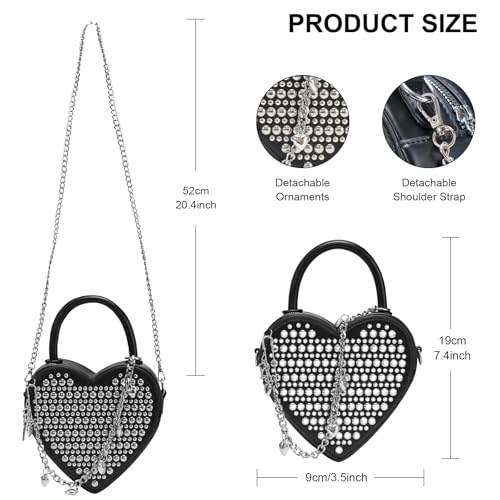 Image of TRBSXRT Heart Satchel Crossbody Purse for Women - Rivets Embellished Shoulder Bag, Leather Heart Shaped Handbag (Black)