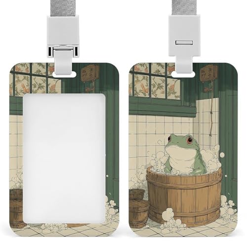 Bonita rana sentada en un barril de madera para bañera, soporte para tarjetas de identificación, clip retráctil, protector de tarjetas, etiqueta de nombre para trabajo, oficina, médico, enfermera