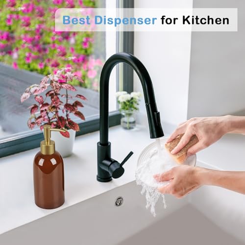 Image of Natheeph 14OZ Ceramic Soap Dispenser Can Fill Liquid for Bathroom, Kitchen | Refillable Hand Soap Dish Soap,Detergent for Kitchen, Bathroom, Soap Pump Dispenser Bottle, Ceramic (Amber)