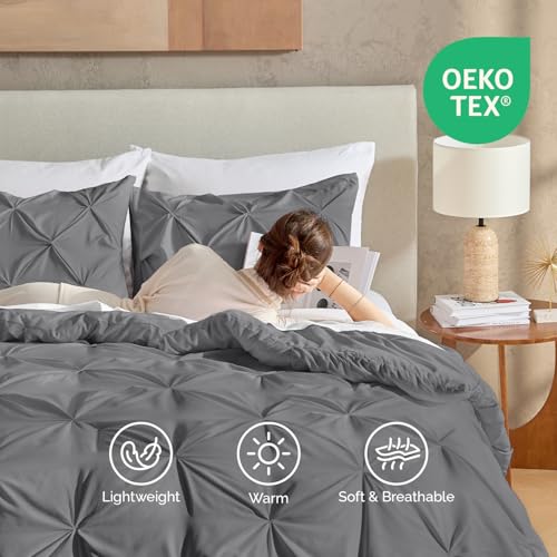 Image of Andency Oversized King Pinch Pleat Comforter Set (120 inchx98 inch),3 Piece Lightweight Pintuck Bedding Comforters & Sets, Fluffy Down Alternative Comforter with 2 Pillow Shams for All Season,Medium Gray